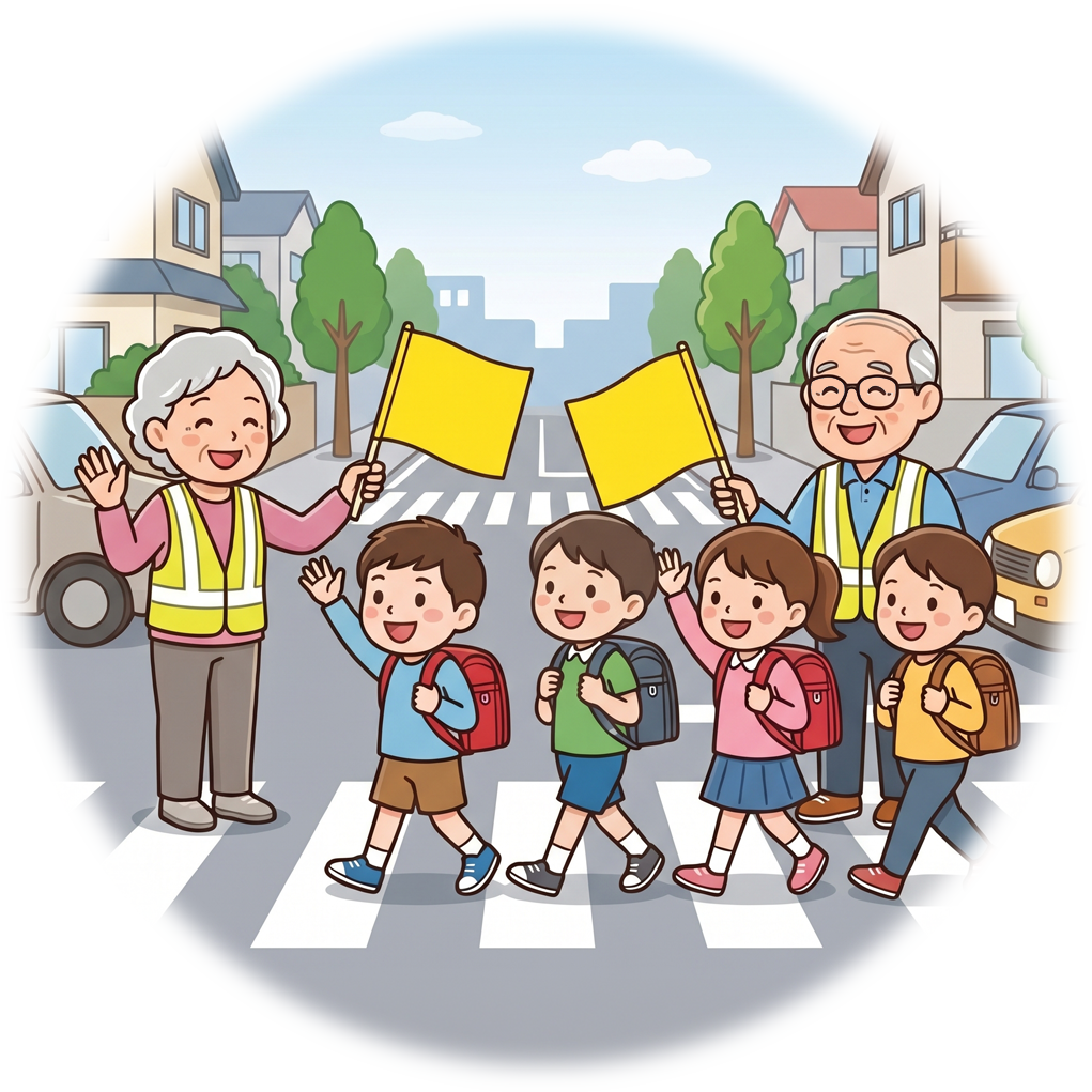 警察官と協力して小学生の通学を見守っているイラスト