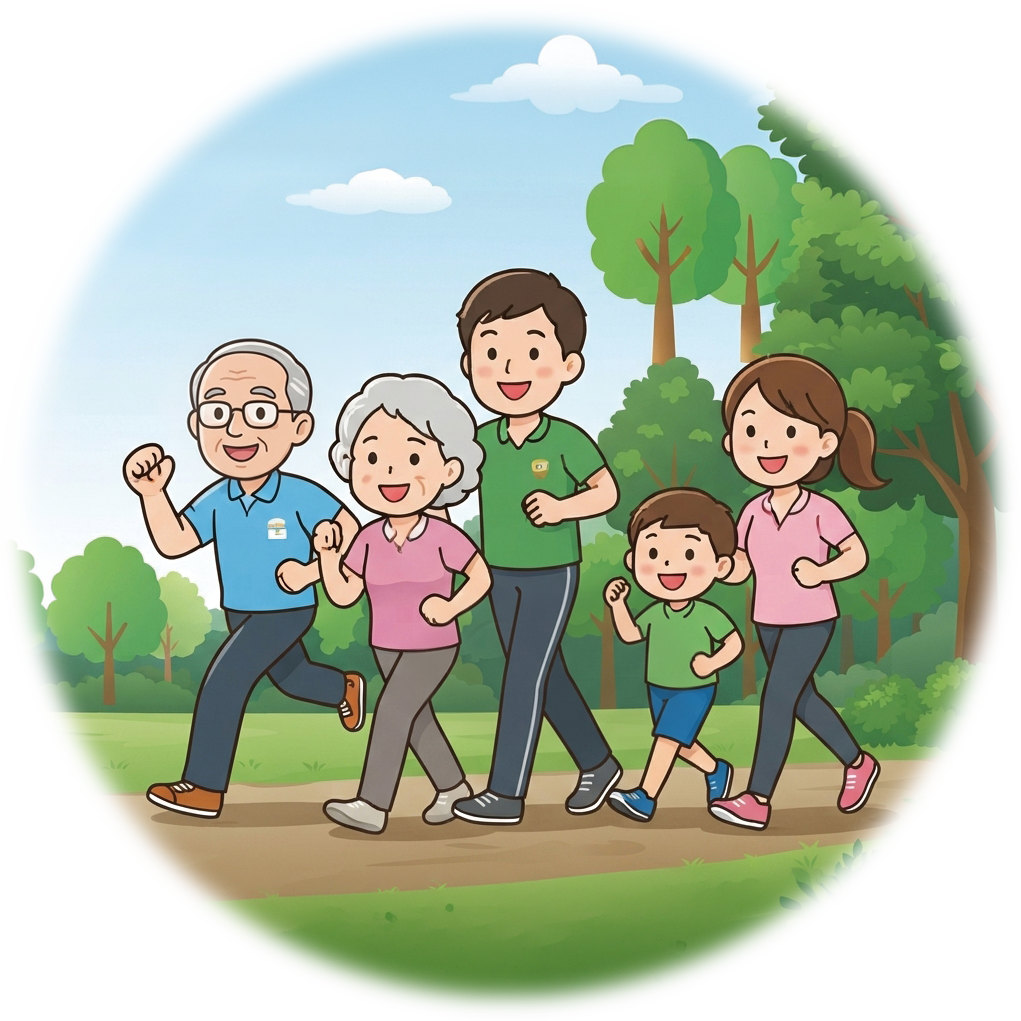 家族が公園を楽しそうに散歩しているイラスト